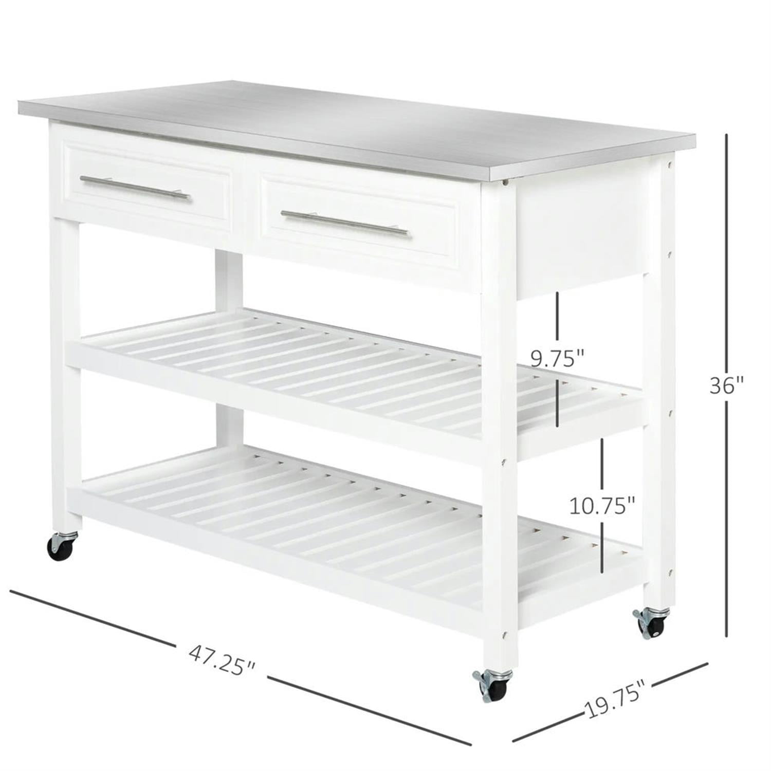Demi Bonn Kitchen Island Cart on Wheels with Stainless Steel Top, Rolling Dining Room Serving Utility Carts Mobile Movable with Basket Storage, White