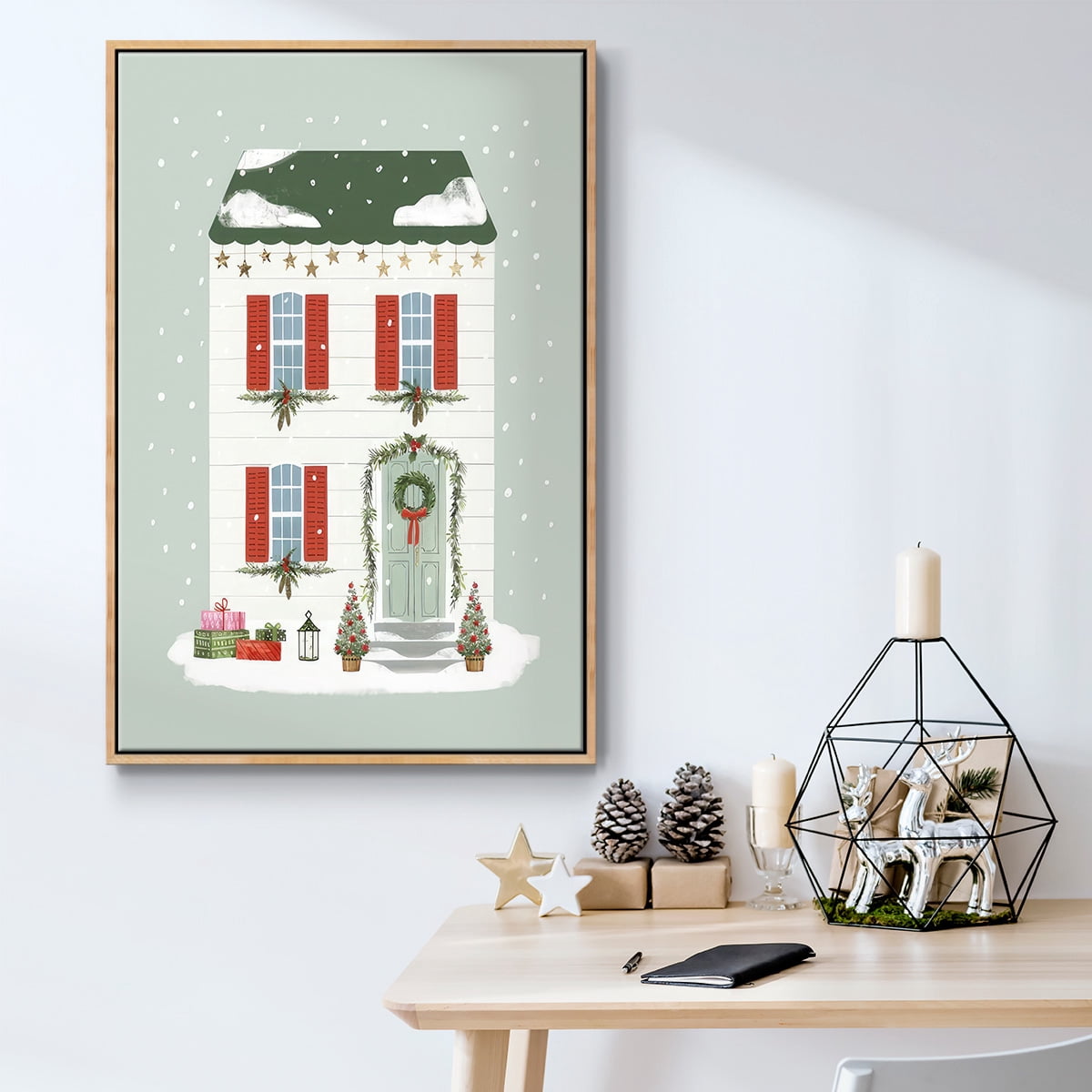 Festive Front Door IV - Framed Gallery Wrapped Holiday Canvas - 27 x 41 - Natural Wood Frame