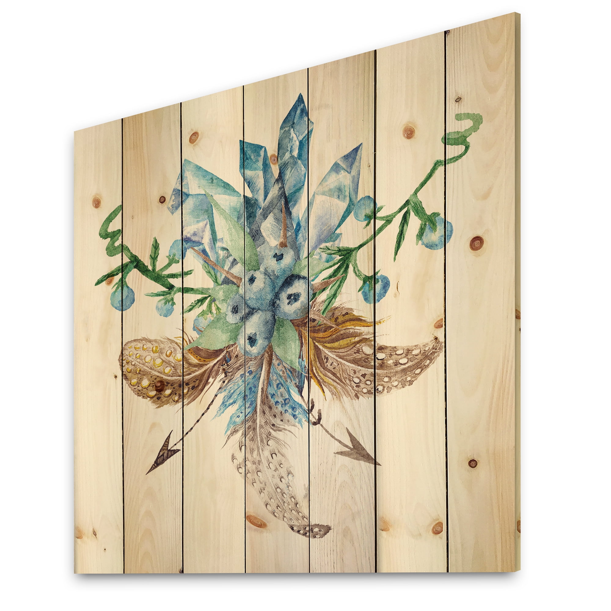 Designart 'Fresh Tribal Vignette Wild Forest Wreath Design On White I' Traditional Print on Natural Pine Wood