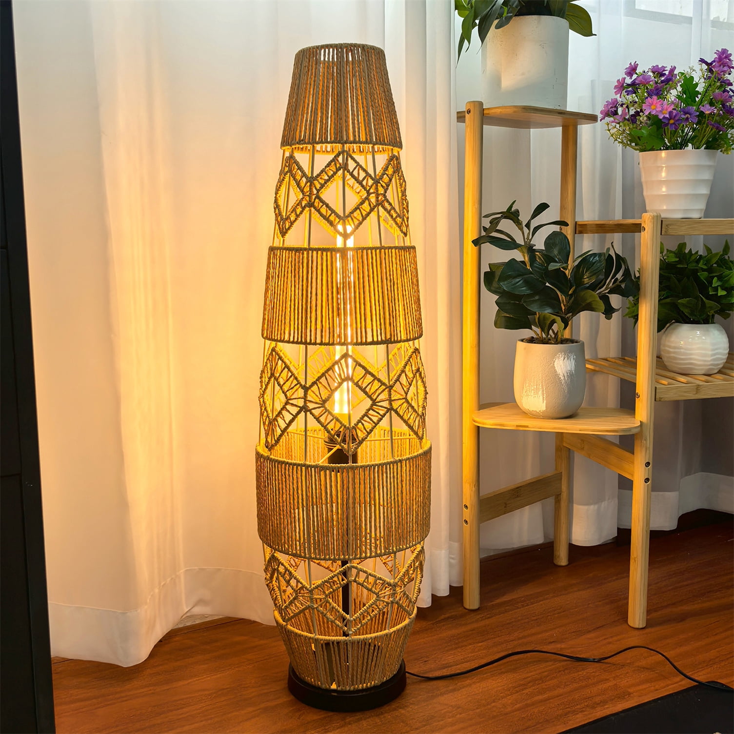 LUVODI 36.61 inch Standing Lamps 3 Color Temperatures Woven Wicker Boho Lantern Bedside Floor Lamp with Foot Switch