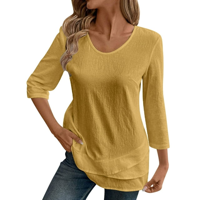 Lenpel Hauts à Manches 3/4 pour Femmes Col Rond Ourlet Asymétrique Couleur Unie T-Shirts Amples Tuniques Décontractées Blouses (Jaune, TTG)