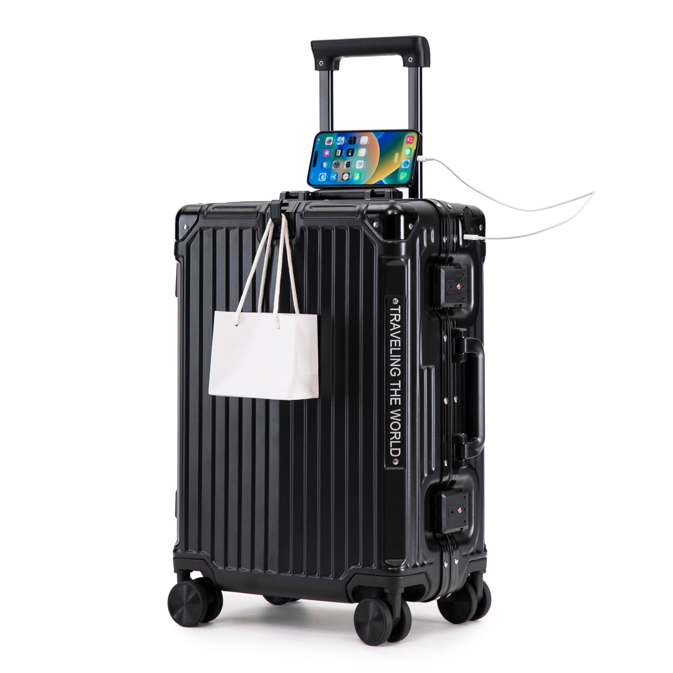 GDF Studio 20" Aluminum Frame ABS Carry-On Luggage with Charging Port & Cup Holder, Spinner Wheels Travel Trolley, Black