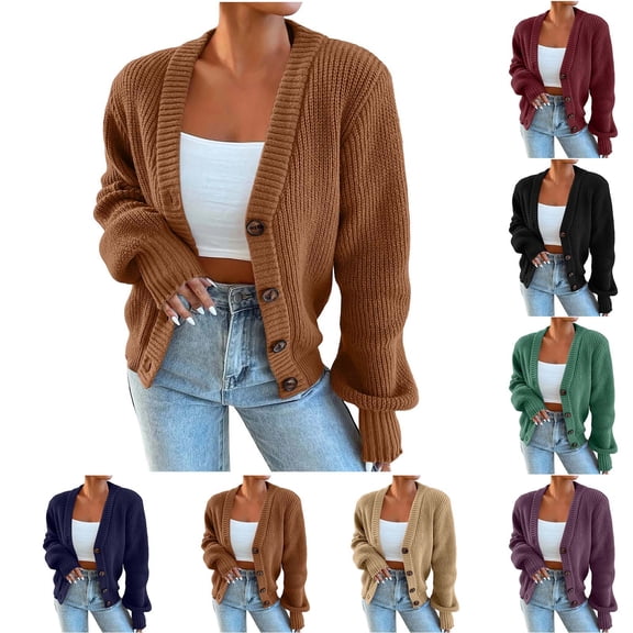 Purcolt Women's Chunky Knit Open Front Cardigan Sweaters V Neck Button Down Loose Short Cardigan Fall Outerwear Coats