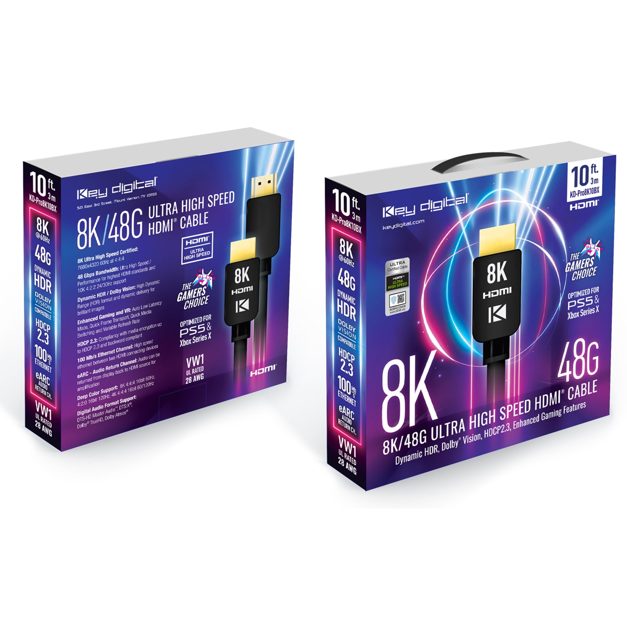 Key Digital 10ft (3m) 8K 48Gbps Ultra High Speed HDMI Cable Dynamic HDR, Dolby® Vision, Black KD-Pro8K10BX