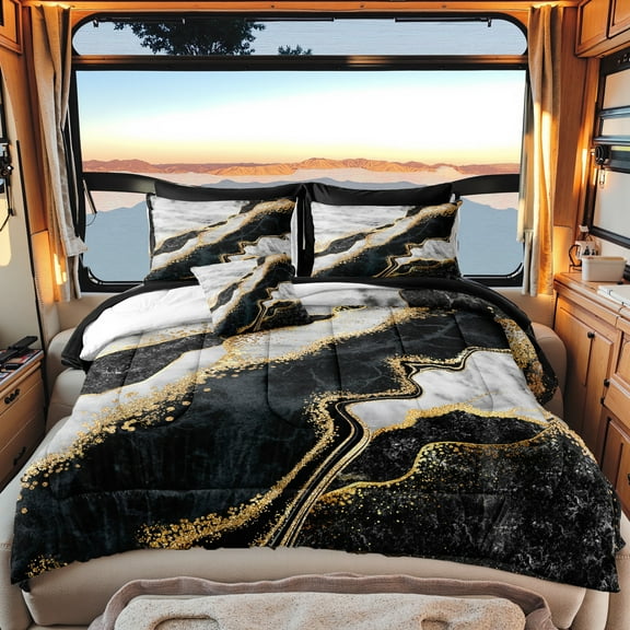 Black White Marble Comforter Set King Size 8 Pieces Bed in a Bag Gold Metallic Marble Design Bedding with 1 Comforter, 4 Pillowcases, 1 Flat Sheet, 1 Fitted Sheet, 1 Cushion Cover