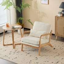 Modern Accent Chair, Mid-Century Solid Wood Arm Chair, Upholstered Reading Chair with Lumbar Pillow, Sofa Side Chairs for Living Room Bedroom Guest Room, Beige/C