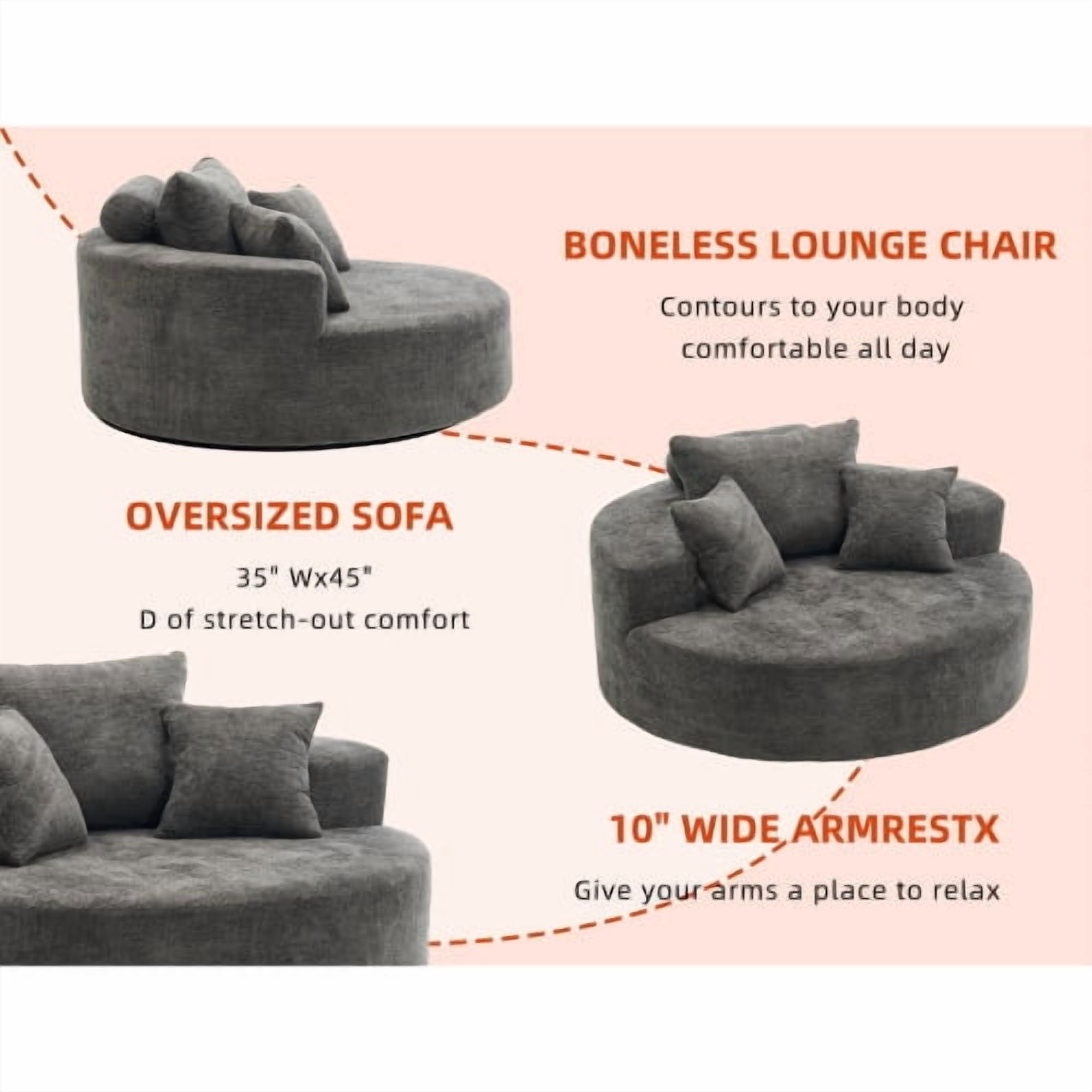 55" Oversized Round Swivel Chair, 360° Rotating Chenille Cotton Blend Accent Chair with High-Density Foam Cushion, Modern Comfy Seating for Living Room, Bedroom, Reading Nook – Gray