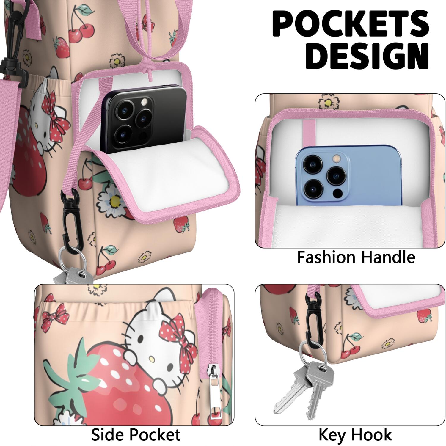Insulated Water Bottle Carrier Bag Sleeve with Strap Crossbody for 20/24/32/40oz Tumbler,Hello Kawaii Cat Cute Water Bottle Holder Sling Bag with Pocket Gifts for Women Men Adults