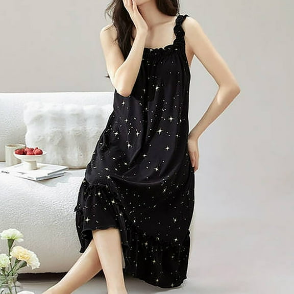 Sakmal Cotton Moomoo Sleepwear for Women Black Cute Knee Length House Dress Stars Print Sleeveless Sleep Tanks for Women