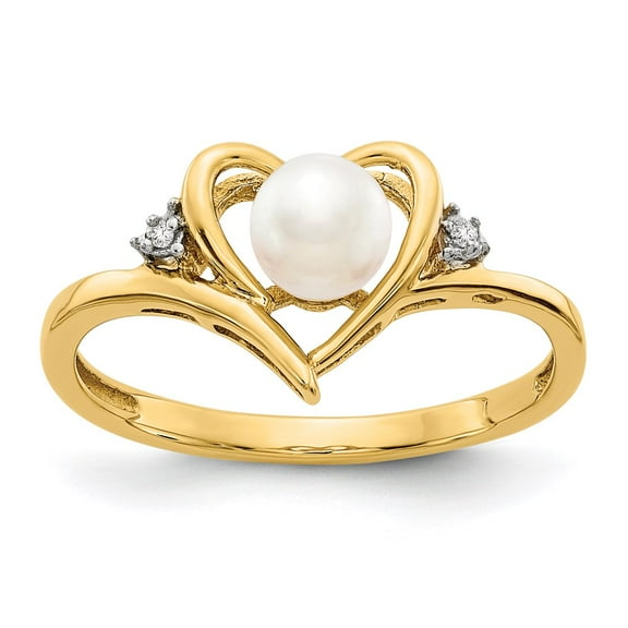 14K Yellow Gold Ring Band Pearl (06) June Freshwater Round Diamond