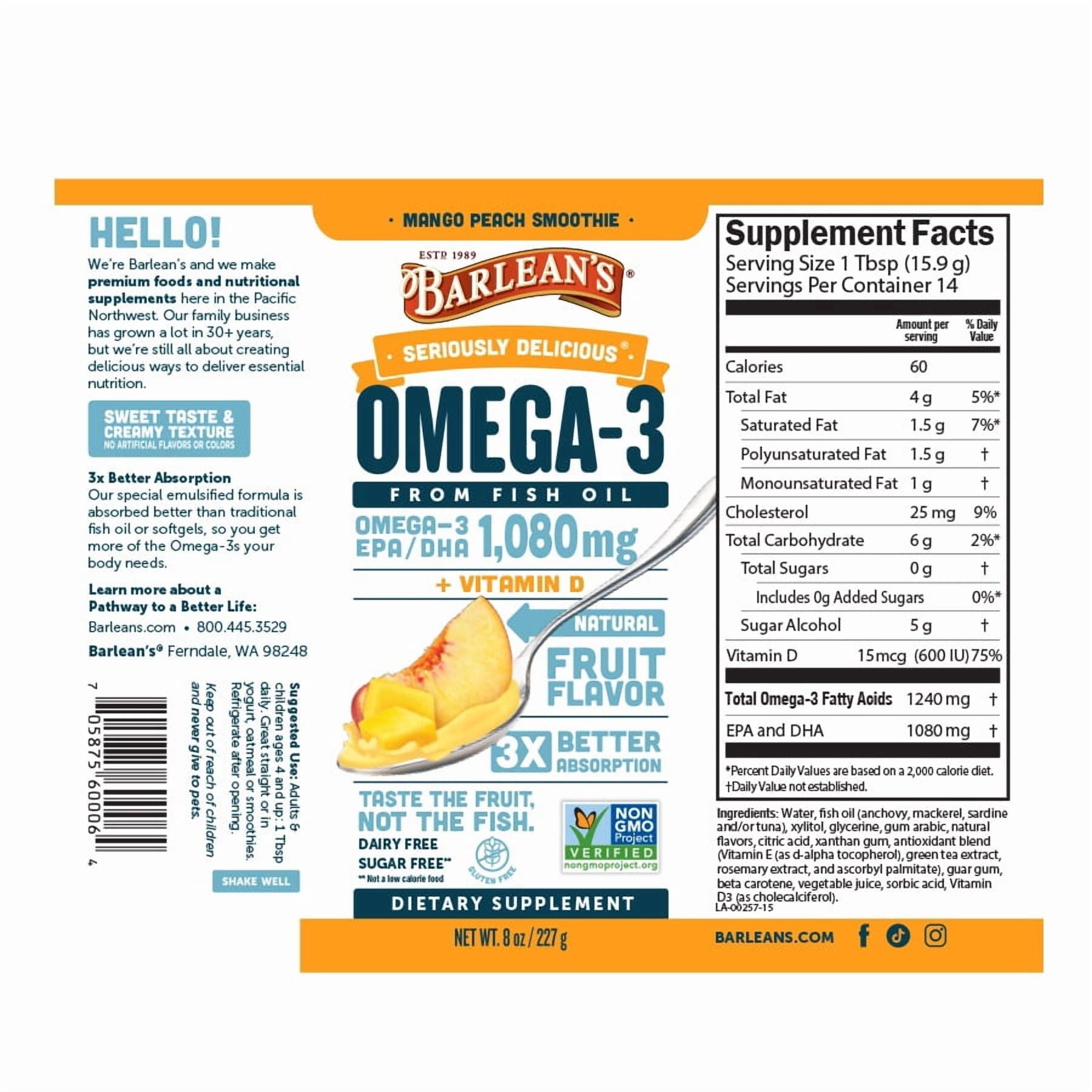 Barlean's Seriously Delicious Omega-3 Fish Oil Mango Peach Smoothie 8 oz Liquid