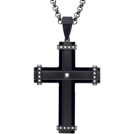 Men's .15 Carat Diamond Black Stainless Steel Cuff Cross Pendant with 24 Rolo Chain - Mens Pendant