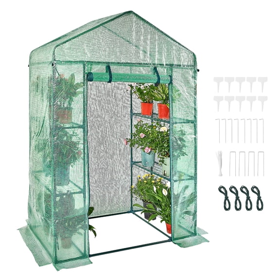 Walk-in Green House, 4.6 x 2.4 x 6.7 ft, Greenhouse with Shelves, High Strength PE Cover with Doors, Windows and Steel Frame, Set Up in Minutes, for Planting and Storage