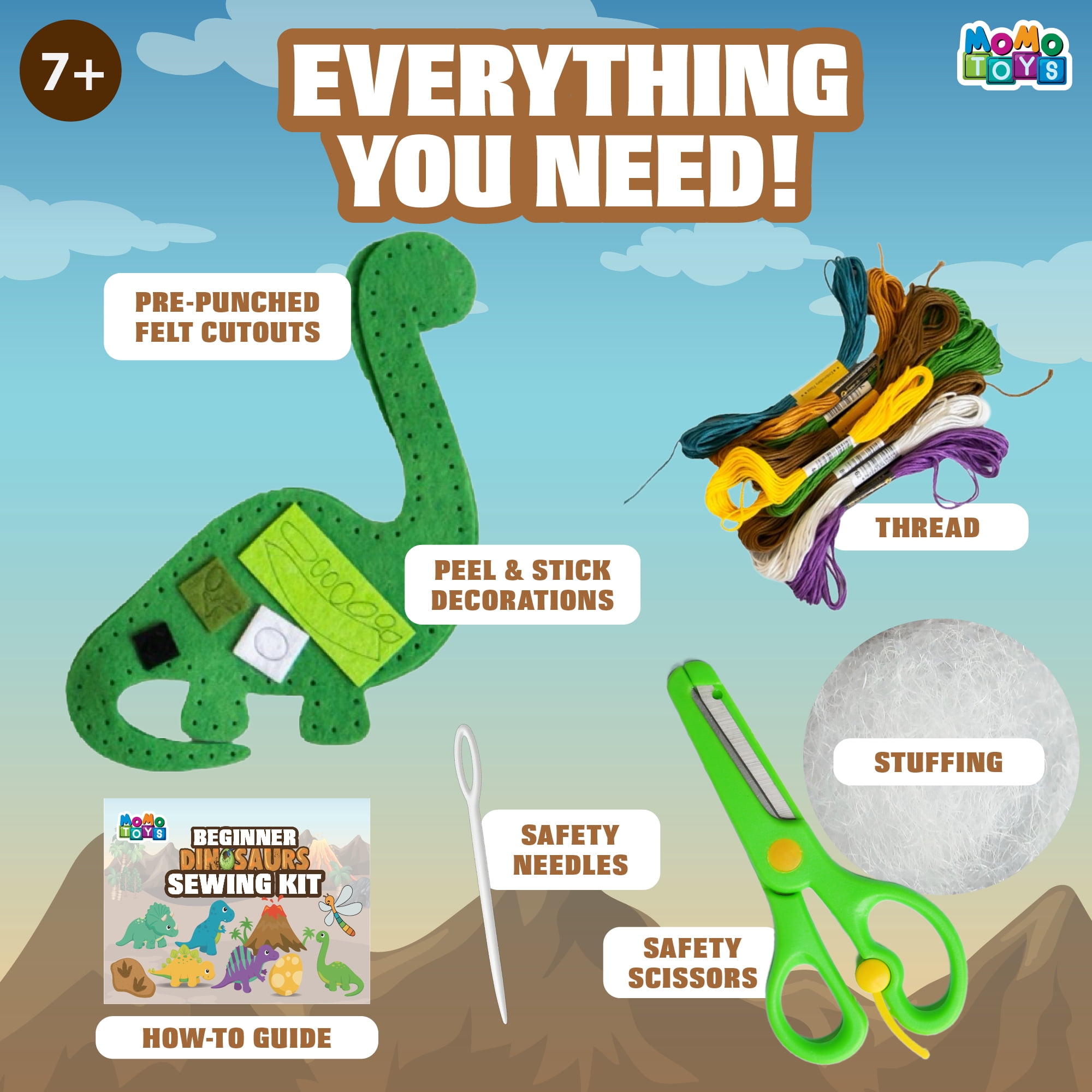MOMOTOYS Kids Sewing Kit Toys, DIY Dinosaur Plush Craft Supplies for Ages 7-12