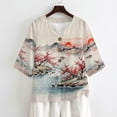 thumbnail image 4 of Xoenoiee Plum Blossom Mountain Sunset Print Women's Vintage Linen Tops 3/4 Sleeve Boho Summer Graphic Tees Tunic Shirts Casual Loose Button Blouses, 2XL, 4 of 7