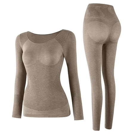 

FRSASU Underwear Clearance Women s Autumn and Winter Warm Thin Skinny Self Heating Warm Clothing Seamless Round Neck Shaping Underwear Set Khaki 4(One Size)