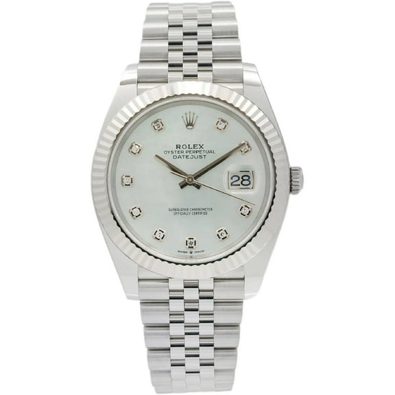 Pre-Owned Rolex Datejust 41MM 126334 White Mother of Pearl Diamond Dial Fluted Bezel Stainless Steel Jubilee Bracelet