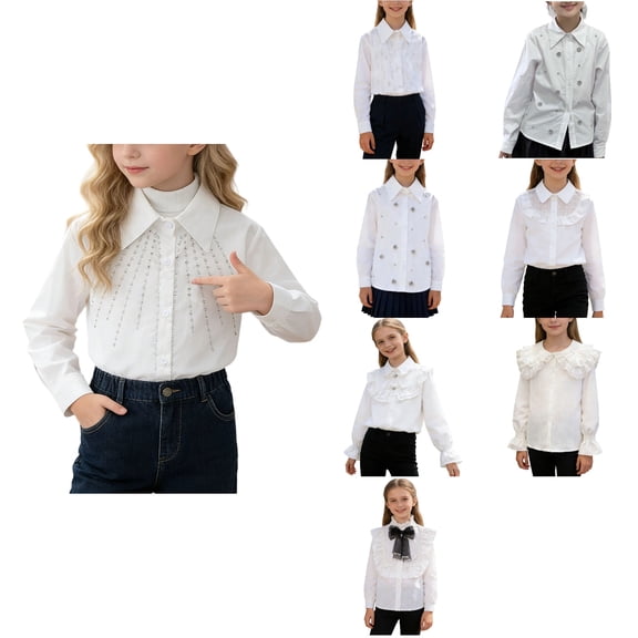 Antinious Toddler Girls Solid Collared Long Sleeve School Uniform Trendy Casual Tops