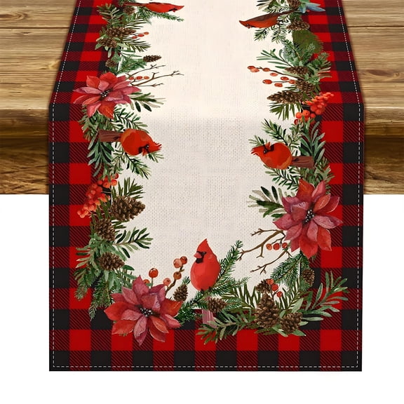 FURMORA Christmas Table Runner,Christmas Poinsettia Pattern Linen Table Runner,Seasonal Winter Xmas Holiday Kitchen Wedding Table Decor,13*72.1in,Style5