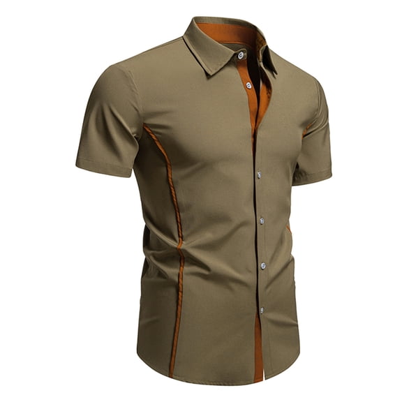 WIZUTIZ Men's Casual Shirt Solid Color Turndown Collar Contrast Piping Button Front Short Sleeve Breathable Fabric Regular Fit Summer