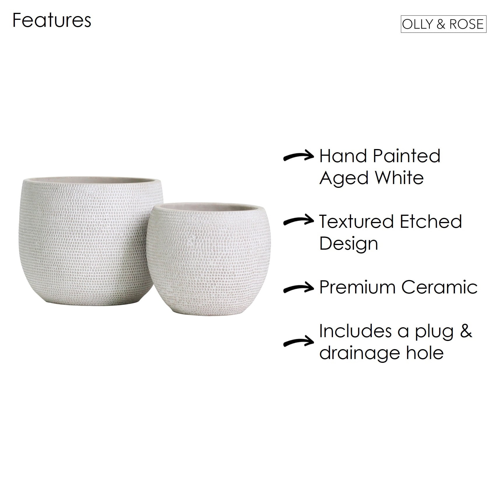 Olly & Rose Barcelona Ceramic Plant Pot Set 2 - Indoor & Outdoor Planters for Indoors and Outdoor Flower Pots (White)