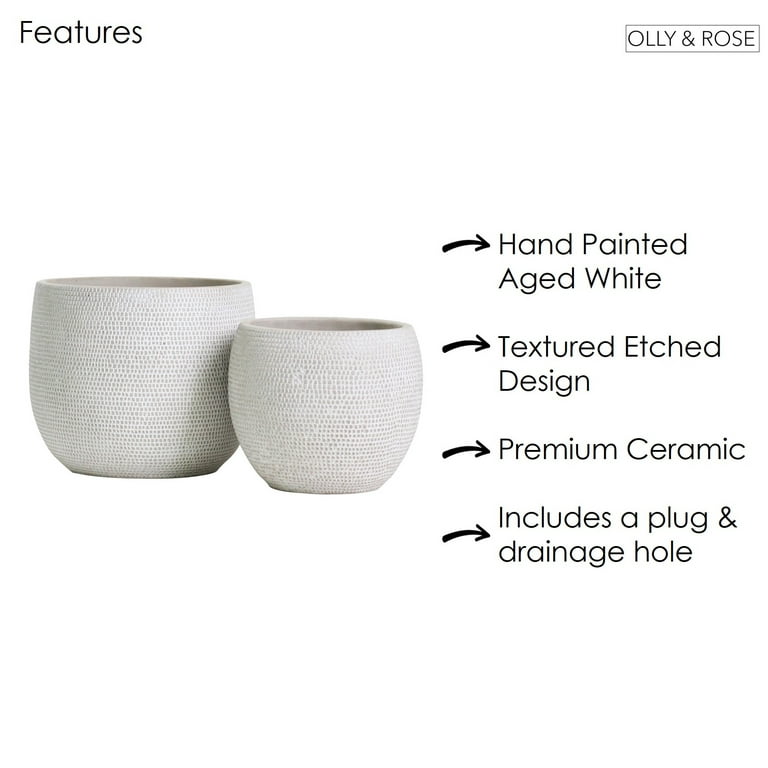 Olly & Rose Barcelona Ceramic Plant Pot Set 2 - Indoor & Outdoor Planters  for Indoors and Outdoor Flower Pots (White)