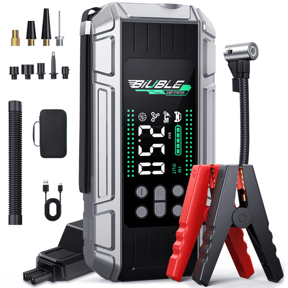 BIUBLE 10000A Jump Starter with Air Inflator/Deflator Compressor 150PSI, 65W Charging Car Battery Jumper Starter (All Gas/16L Diesel), 24800mAh Portable Jump Box Battery Pack with LED Light