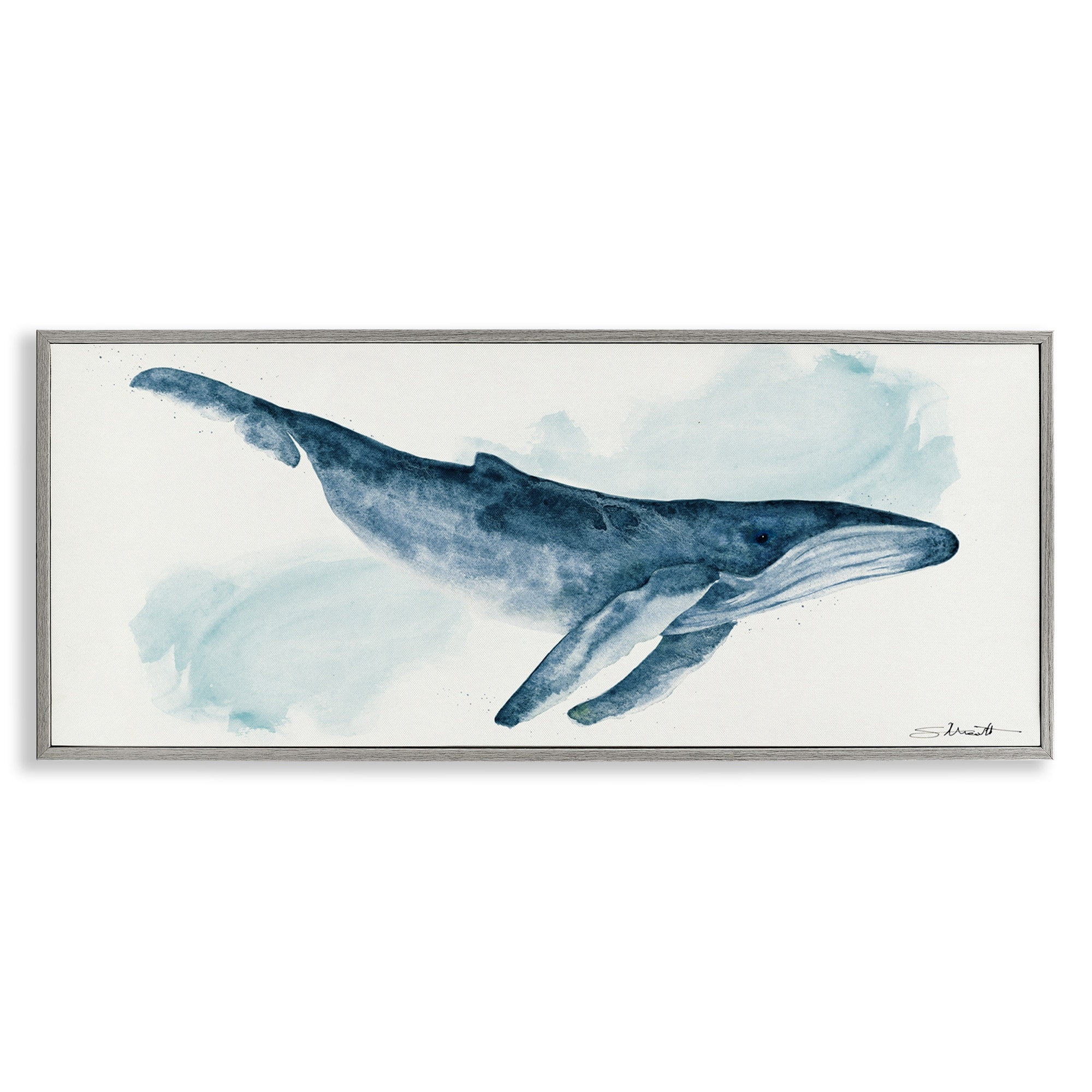 Stupell Industries Nautical Humpback Whale Marine Animal Blue Watercolor Painting Gray Framed Art Print Wall Art, 24x10, by Stephanie Workman Marrott