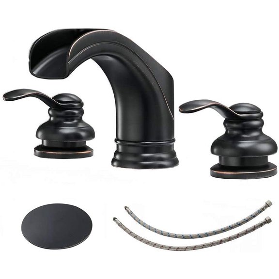 BWE Widespread Bathroom Faucet Oil Rubbed Bronze 2-Handle 3 Holes 8 inch Waterfall Bathroom Faucet with Pop Up Drain Assembly with Overflow Lavatory Basin Vanity Sink Mixer Tap Supper Line Lead-Free