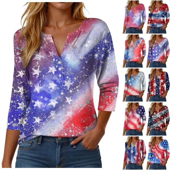 GEWSEY 3/4 Sleeve V Neck USA Patriotic Shirts for Women 4th of July America Stars Stripes Flag Graphic Tops Cute Tee (Pink, S)