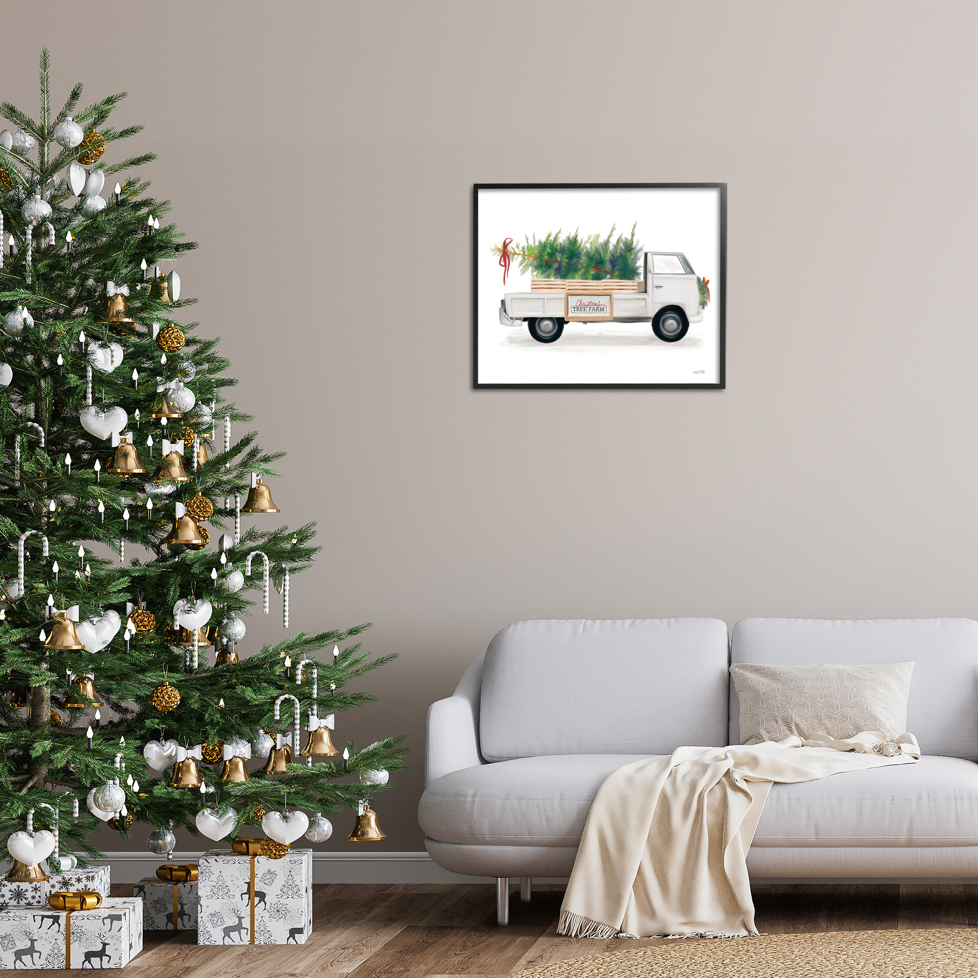 Stupell Industries Christmas Tree Farm Truck Holiday Painting Black Framed Art Print Wall Art, 30 x 24