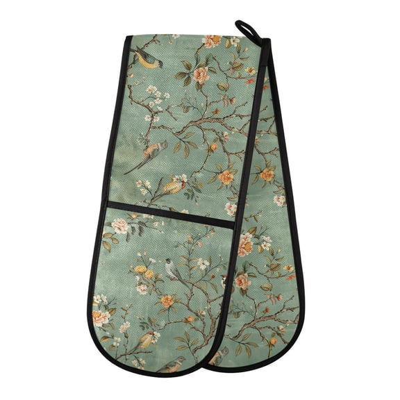 Dailycode Double Sided Oven Mitt with Loop Heat Resistant Kitchen Long Potholders 7" x 35" Vintage Chinese Bird and Flower