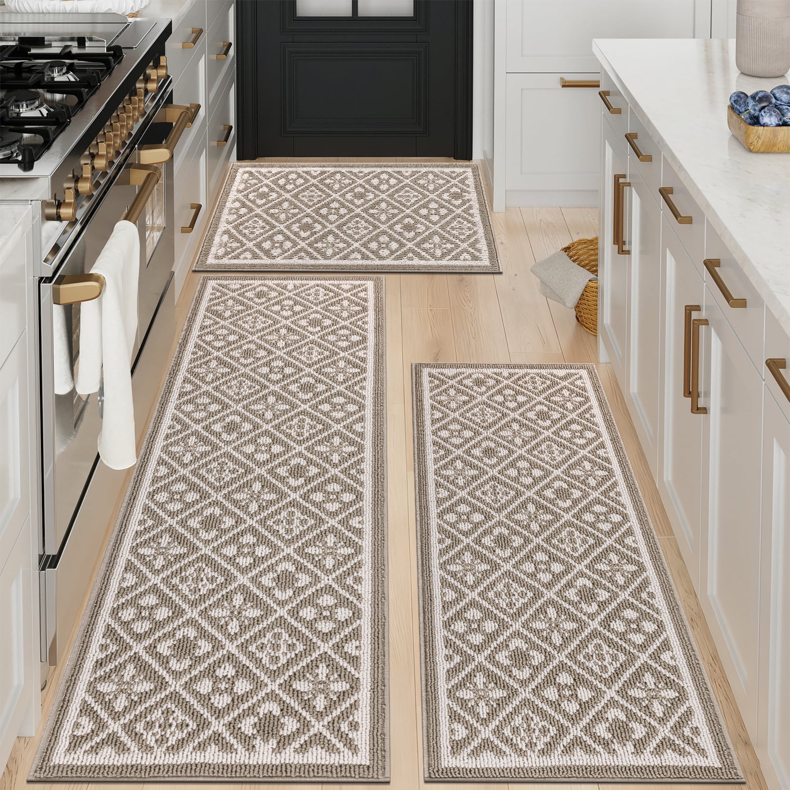 Vaukki Farmhouse Kitchen Rugs Sets of 3, Non Slip Kitchen Floor Mats Washable Kitchen Runner Rug, Beige
