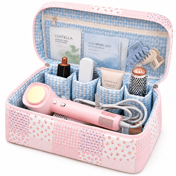 LOMYOLO Large Quilted Makeup Bag for Women, Travel Cosmetic Organizer Bag with Compartments, Floral Toiletry Bag with Mesh Pocket, Portable Makeup Organizer for Hair Tools, Brushes Travel Essentials