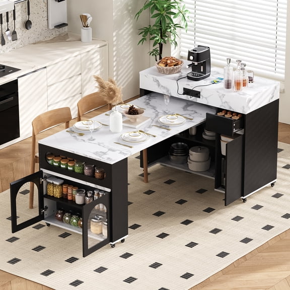 DTTRA 73.8" Extendable Rolling Kitchen Island with Folding Dining Table, Glass Door Cabinet and Storage Drawers, Black