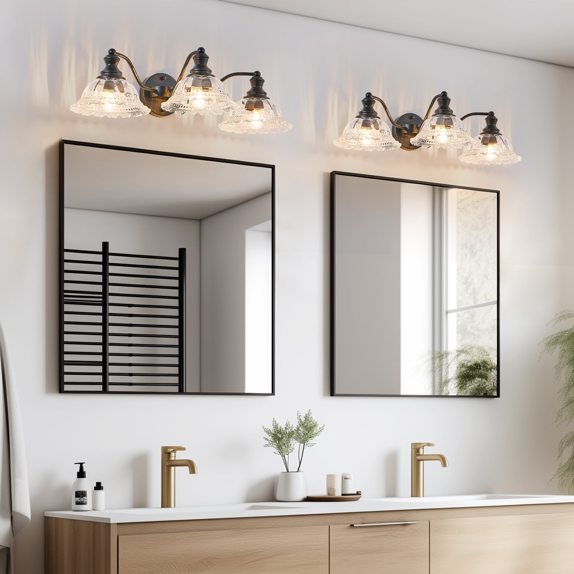 Vintage 3-Light Bathroom Vanity Light, Wall Sconce with Clear Glass Shades, Matte Black Finish Modern, 24-Inch