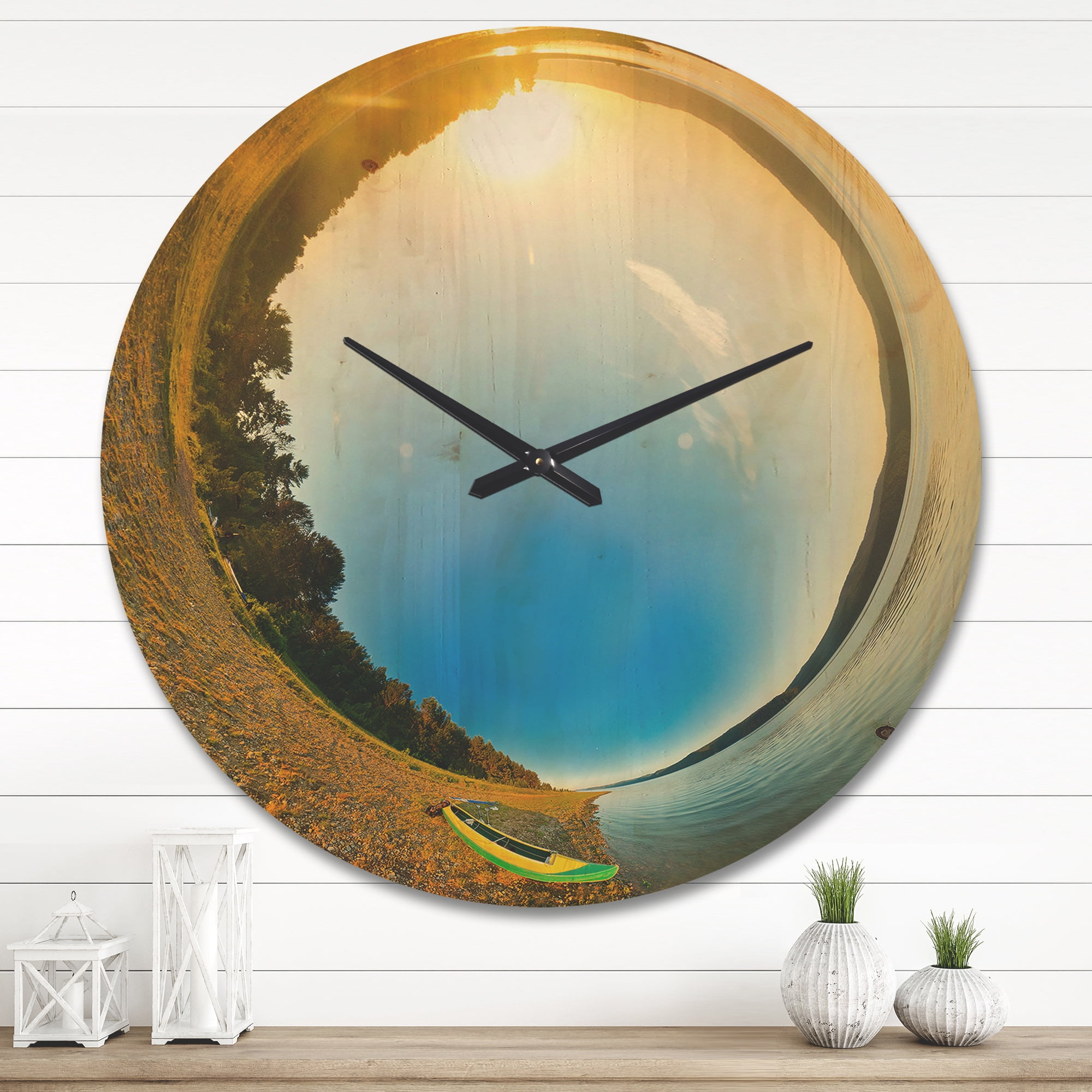 Designart 'Kayak At River Bank Little Planet ' Modern Wood Wall Clock