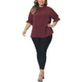 thumbnail image 2 of Agnes Orinda Plus Size Blouse for Women Work Office Pleated Solid Short Sleeve Mock Neck Puff Sleeve Tops 3X Burgundy, 2 of 5