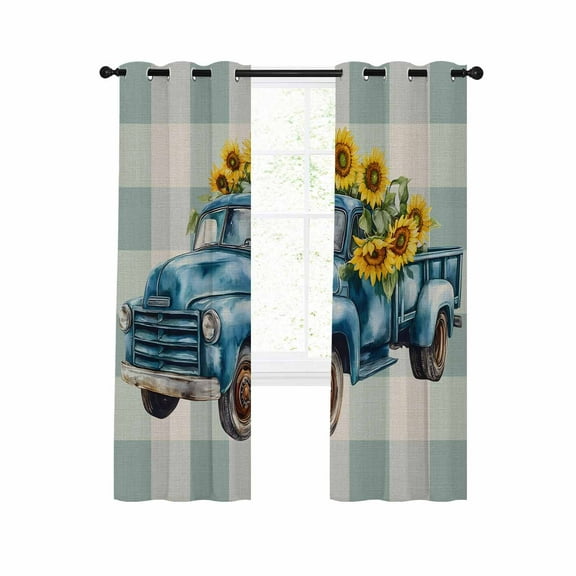 Blue Truck Yellow Sunflower Blackout Curtains 45 Inches Long for Bedroom, Summer Teal Plaid Vintage Thermal Insulated Room Darkening Black Out Window Curtain Panels Grommet Drapes for Living Room