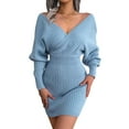 thumbnail image 2 of Women'S Cocktail Batwing Long Sleeve Wrap Knit Sweater Mini Dress  Blue L, 2 of 9