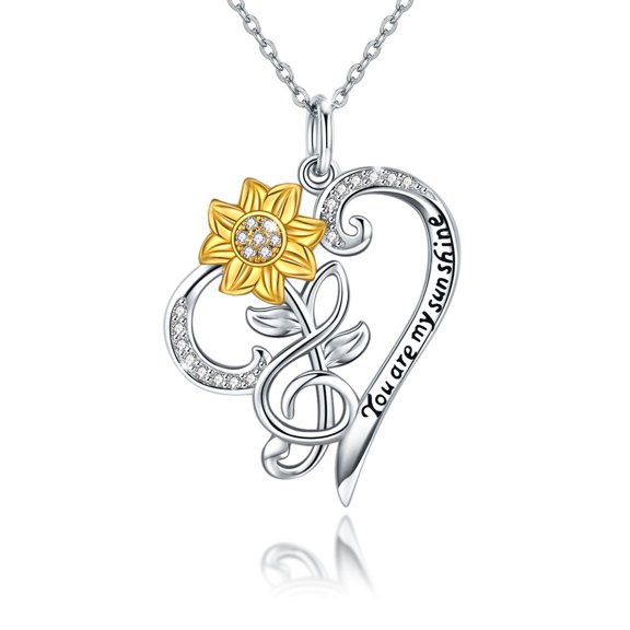 Coachuhhar Sunflower Note Necklace Sterling Silver You are My Sunshine Necklace Heart Sunflower Necklace Musical Note Necklace Sunflower Jewelry Gifts for Women