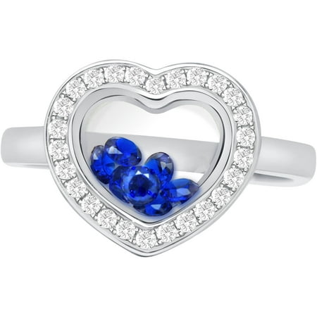 Chetan Collection Floating Dark Blue CZ Sterling Silver Designer Heart-Shape Ring
