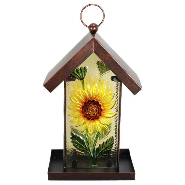 Angelo Décor sunflower glass bird feeder with copper-toned metal roof and base, showcasing a vibrant yellow sunflower design on textured glass.