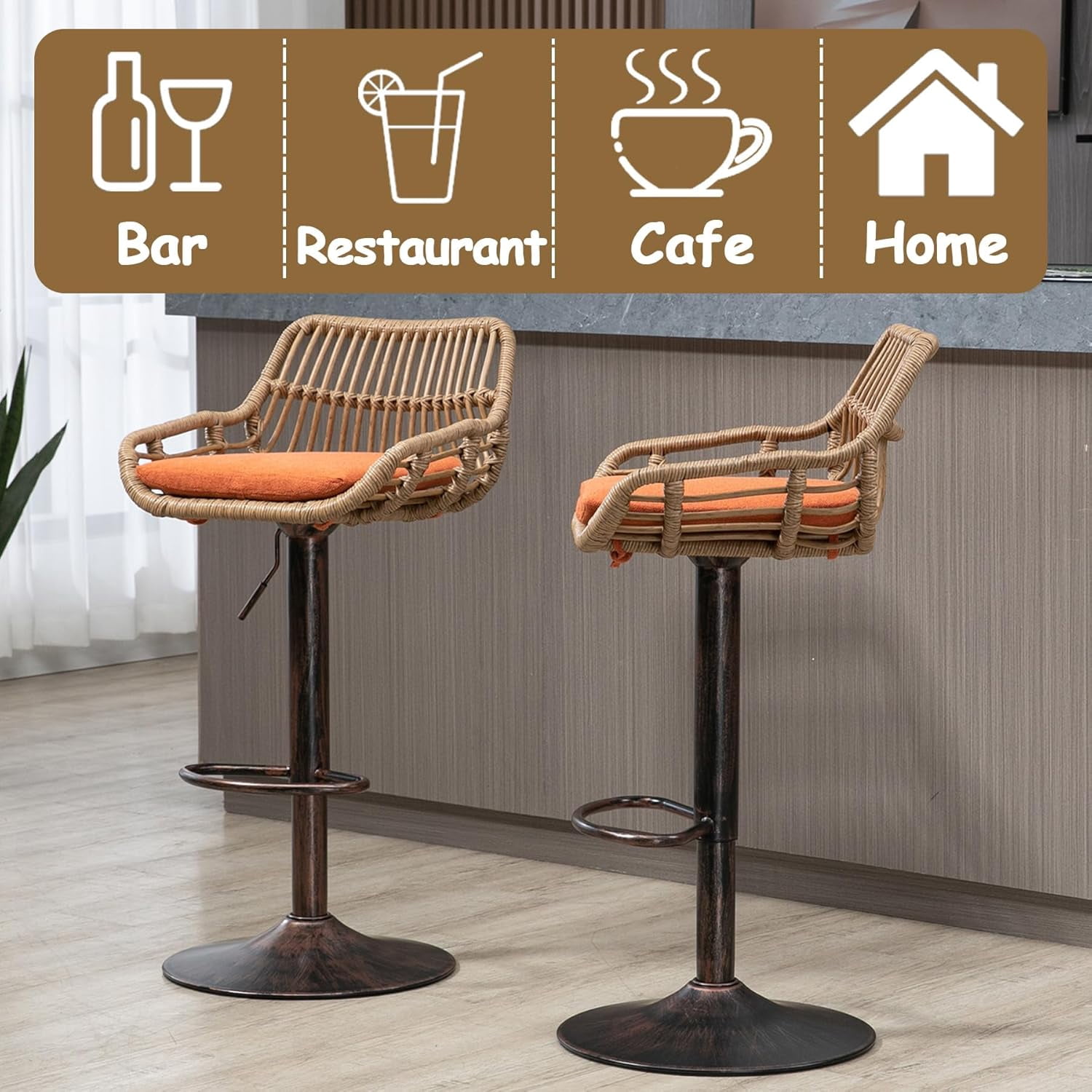 BISHE Adjustable Rattan Bar Stools Set of 2 with Cushion, Boho Bar Stools with Footrest, Wicker Barstools Counter Height with Backs, High Chair for Kitchen Island, Bistros, Metal Base, Orange