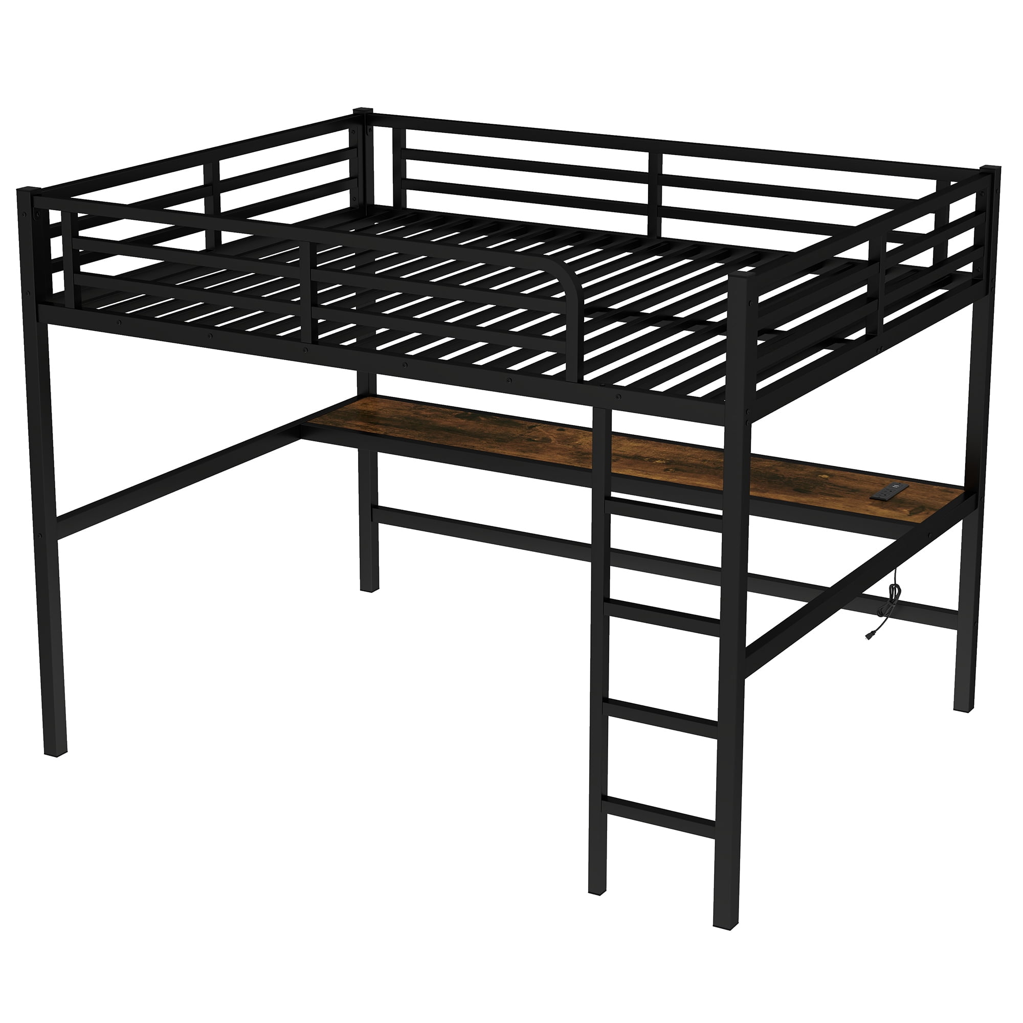 Mintazer Queen Size Metal Loft Bed with Power Outlet Desk and LED Lighted for Bedroom Furniture, Black