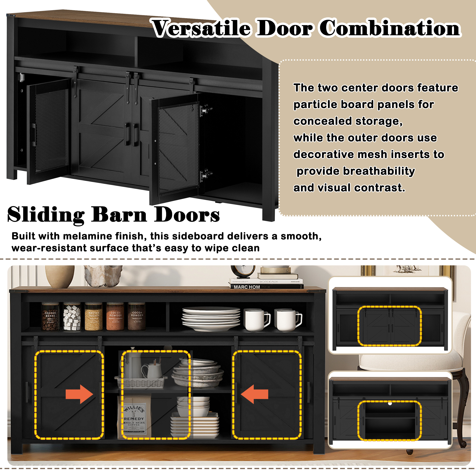 Aukfa 59.3" Sideboard Buffet Cabinet w/Mesh Panel Doors,Large Storage Cabinet for Kitchen Dining Living Room,Black