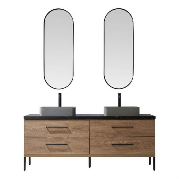 Trento 72" Double Concrete Sink Bath Vanity in North American Oak with Mirror