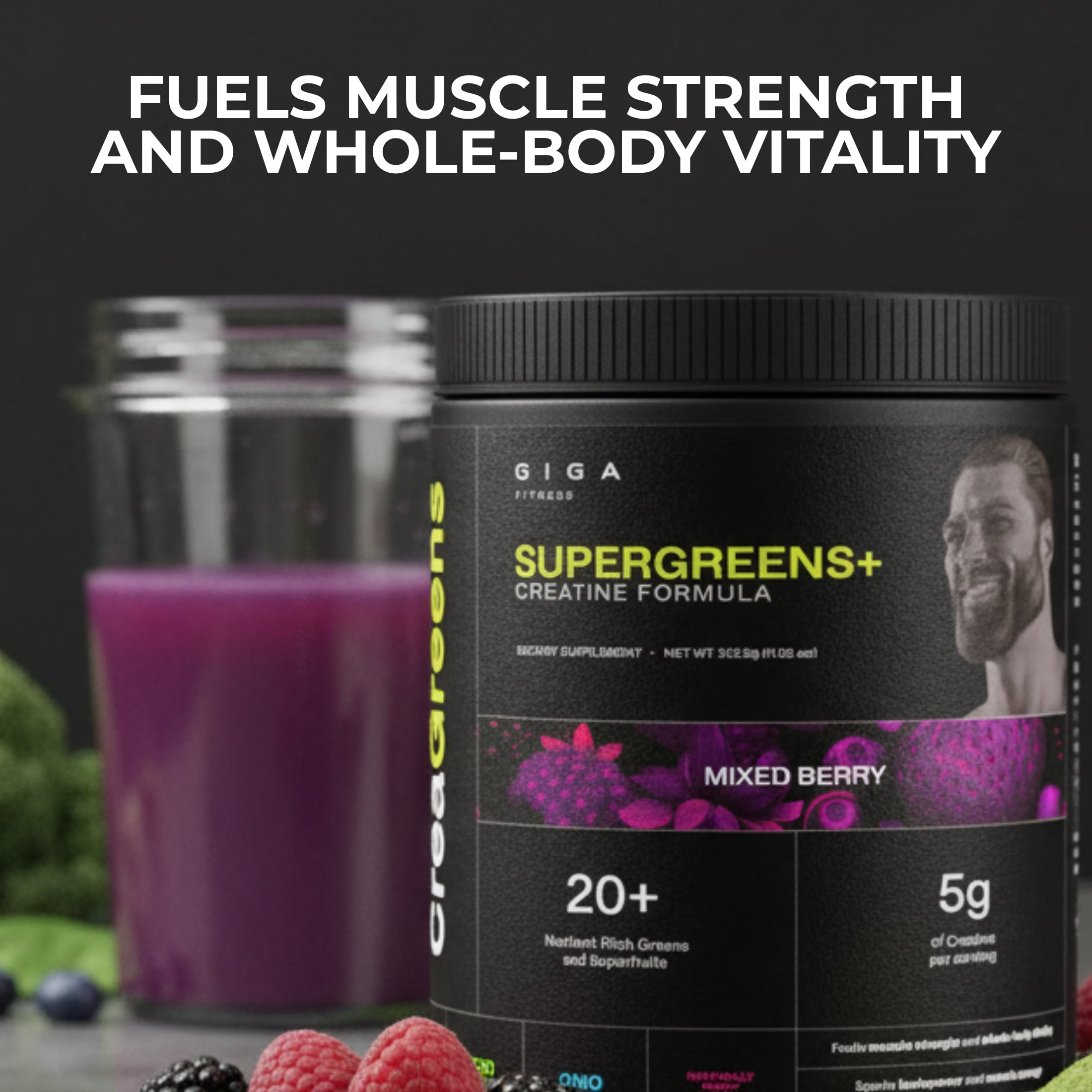 Giga Fitness CreaGreens, Creatine Monohydrate + Superfood Greens Powder, Mixed Berry, 35 Servings