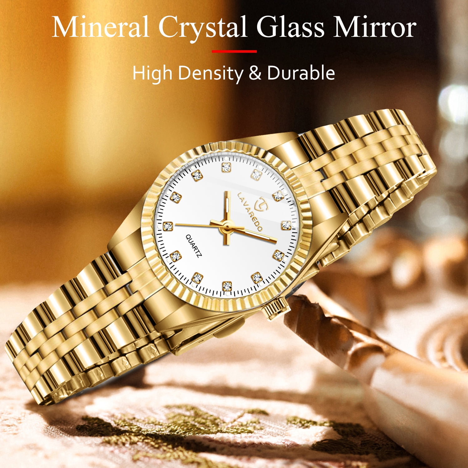 Womens Watch Set, 18K Gold Plated Bangle Bracelets Ring for Women, Dainty Ladies Wrist Watch Waterproof Analog Watch, Gifts for Women - 4PCS