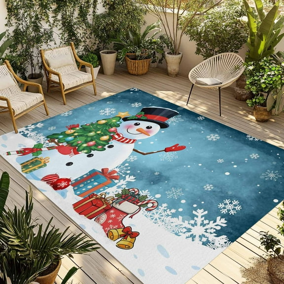 Fsddascl Blue Aqua Snowman Christmas Outdoor Rug for Patio/Deck/Porch, Non-Slip Large Area Rug 6 x 9 Ft, Xmas Tree Snowflake Balls Gifts Indoor Outdoor Rugs Washable Area Rugs, Camping Rug Carpet
